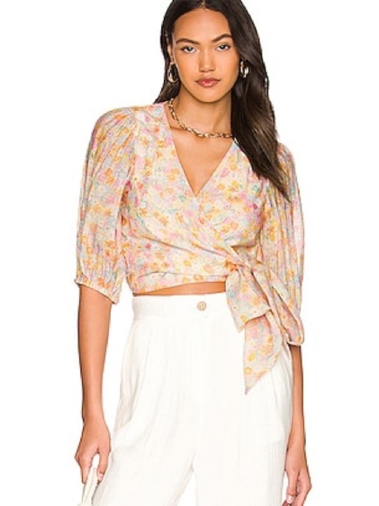 MINKPINK Tops - MINKPINK Floral Tie Front Puff Sleeve Crop Top Pastel Yellow & Pink